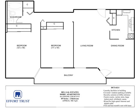 A floor plan of a 90 series apartment at Doric Apartments.